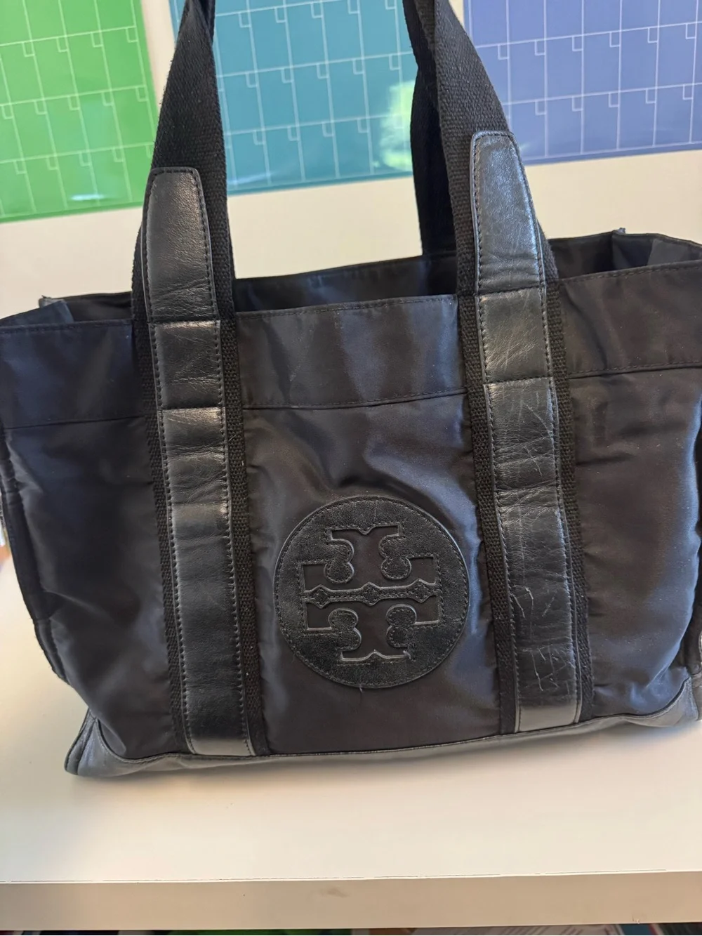 Tory Burch Black Nylon and Leather Logo Tote